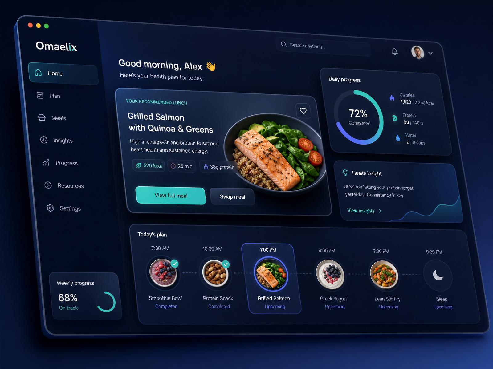 Omaelix dashboard showing a recommended lunch, daily progress and a personalised plan
