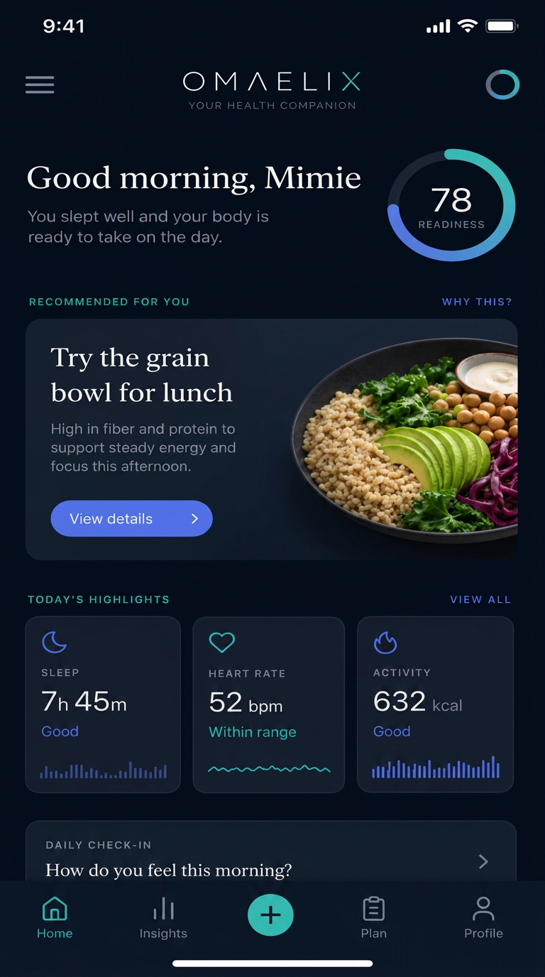 Omaelix mobile view with a recommended lunch and daily highlights